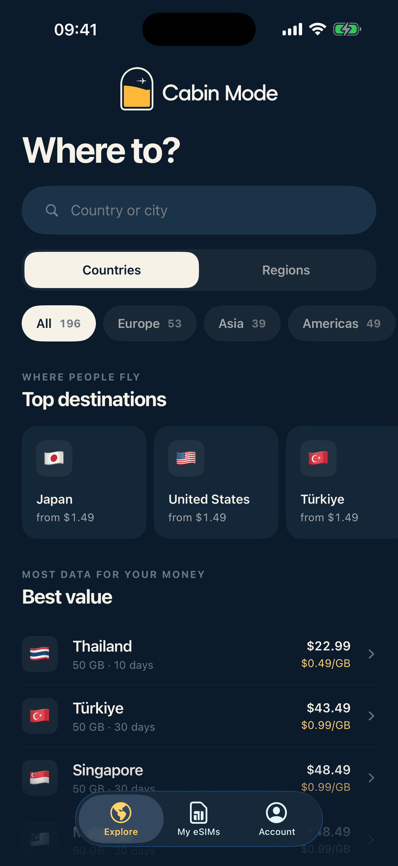 The Cabin Mode explore screen listing top destinations and best-value plans