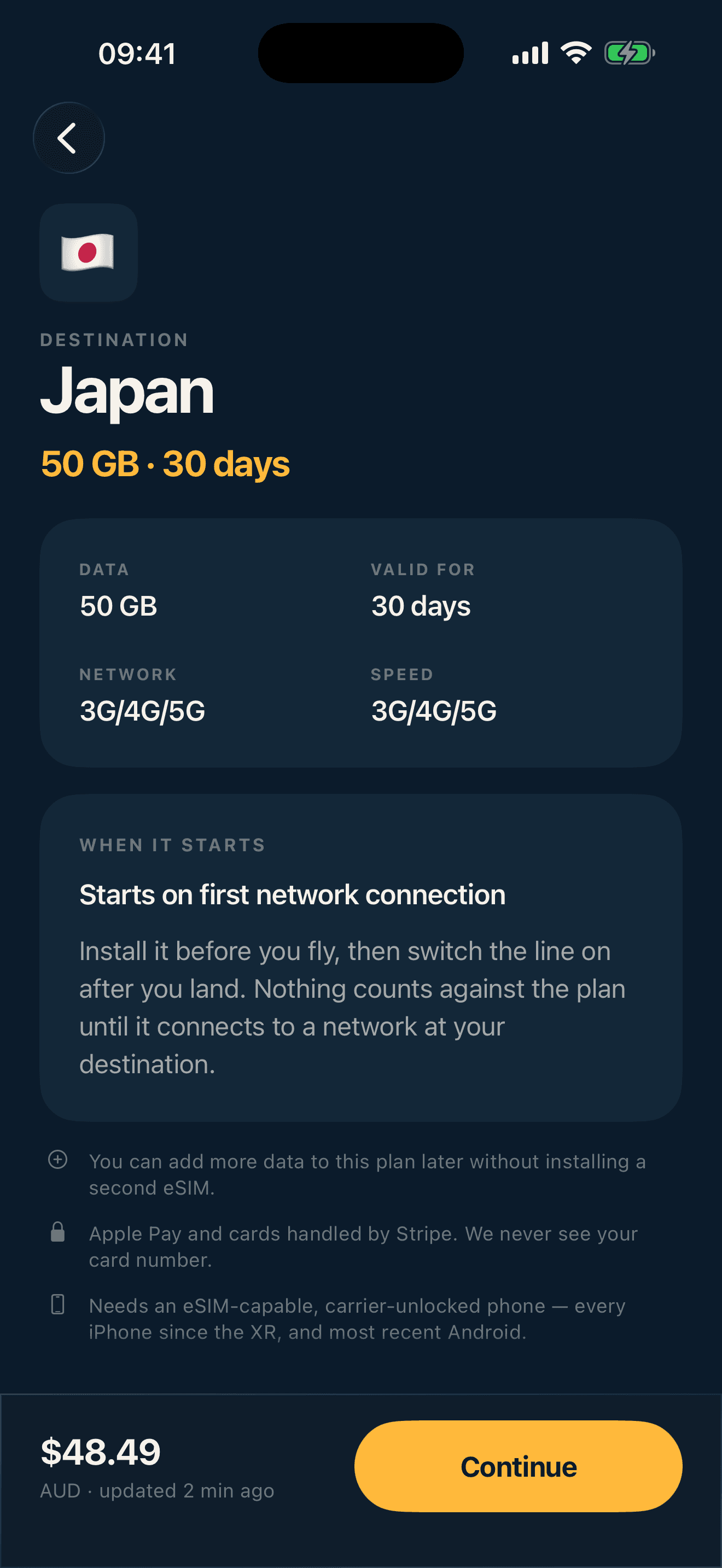 A Japan 50 GB plan showing data, validity, network and price