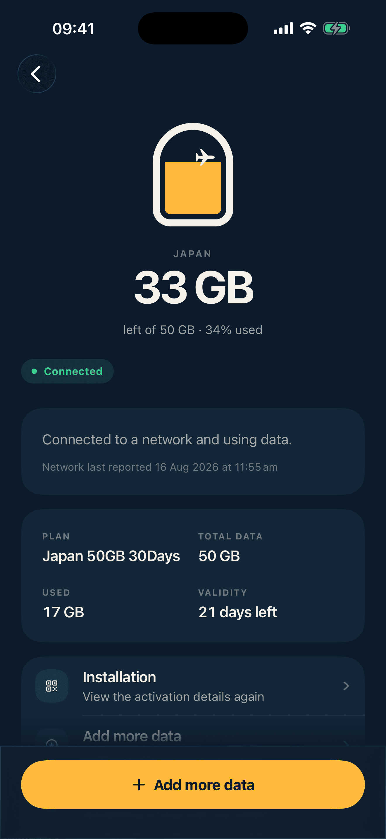 An active Japan eSIM showing 33 GB remaining and a connected status
