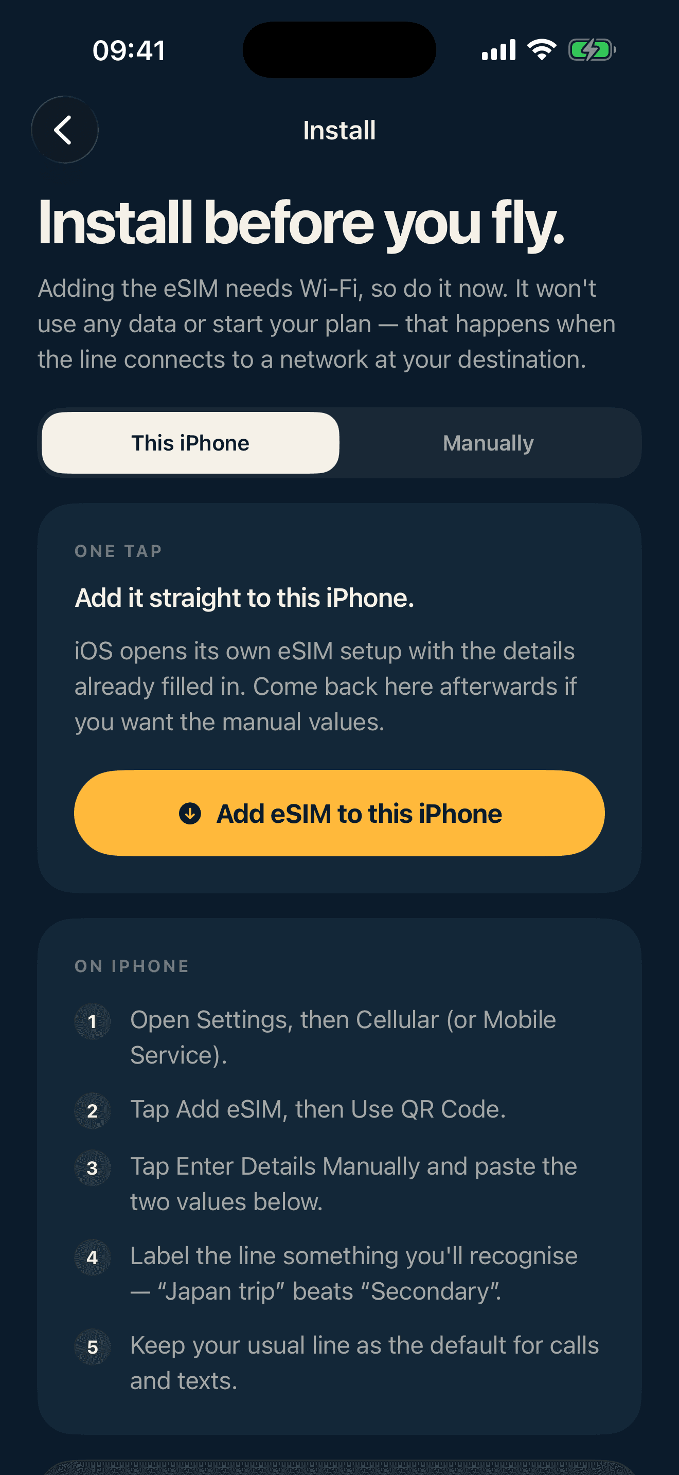 The install screen with a one-tap button to add the eSIM to this iPhone